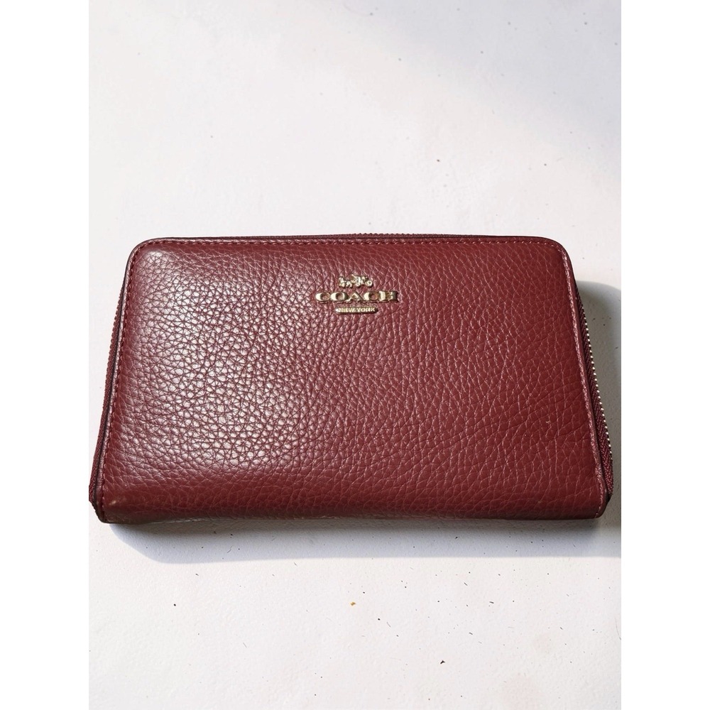 Coach Medium Women's Wallet - Brass/Cherry Red Pebbled Leather Zip (C4124) Lk Nw